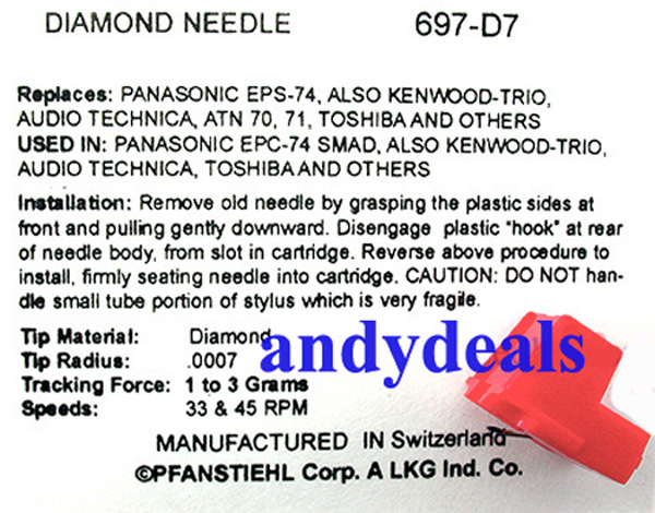 thumbnail image 2 of Pfanstiehl Hi-Fi Stereo Stylus Needle For Sony PS-X20, PS-X30, PS-X40 Turntables – 697-D7, New 2 of 2